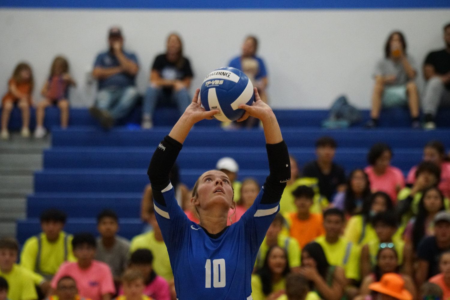 Maelyn Wainwright spikes the ball at the game against Mid-Prairie Thursday, Sept. 8.